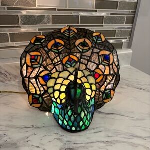 Vintage Stained Glass Peacock Lamp Tiffany Style Art Nouveau